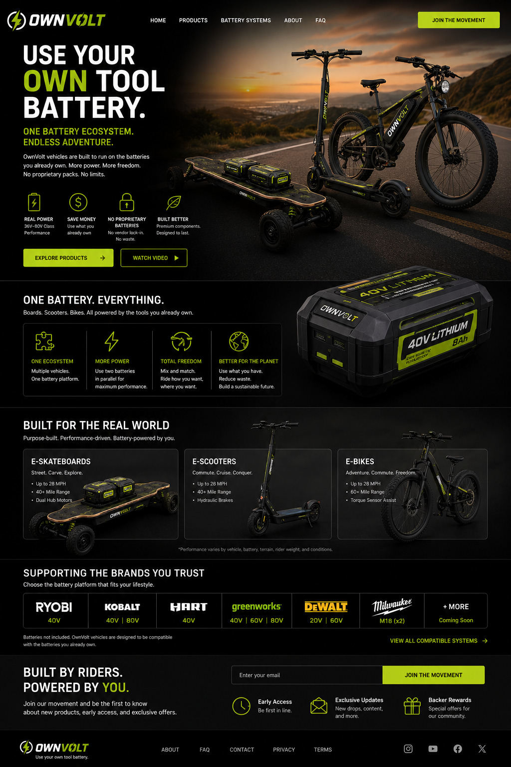 OwnVolt concept lineup with e-skateboard, e-scooter, and e-bike